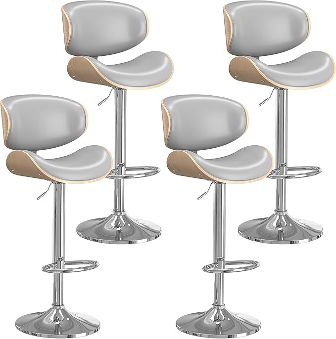 Bar Stools Set of 4, Bar Stools for Kitchen Island with Bentwood Back and Leather Seat, Swivel Barstools for Kitchen Counter, Bar, Grey