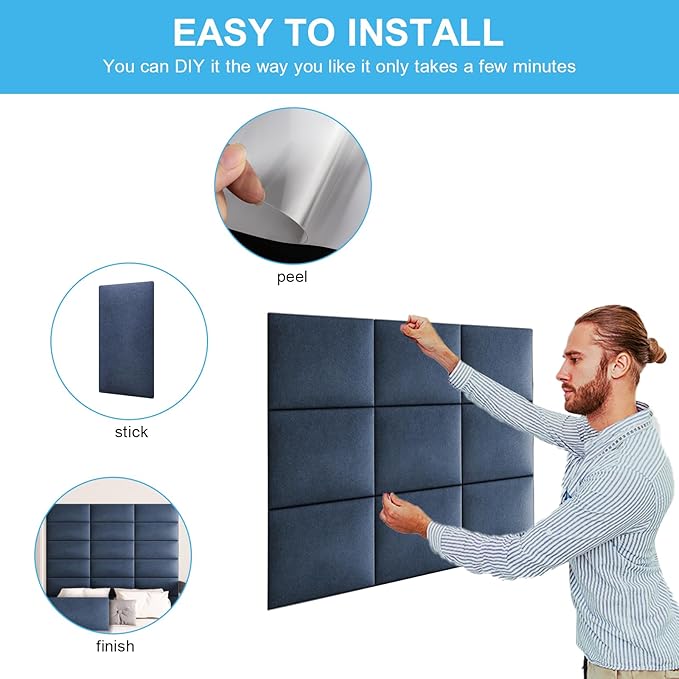 Upholstered Wall Mounted Headboard, 3D Soundproof Panels Peel and Stick for Queen Size, Adjustable Bed, Tufted, Blue (9 Panels, 10" x 24")