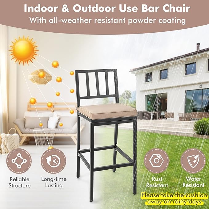 COSTWAY 4 PCS Patio Bar Chairs, Heavy-Duty Metal Frame Bar Stools, Indoor Outdoor All-Weather Resistant Barstools with Detachable Cushion & Footrest, for Patio, Garden, Poolside (4)