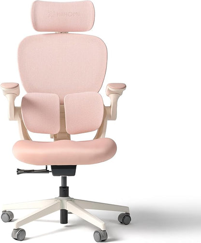 HINOMI Q2 Ergonomic Office Chair with Lumbar Support & Adjustable Headrest, Cushion Seat with Flip-Up Arms, Reclining Computer Seating with Footrest, Stylish Desk Model for Home (Pink)