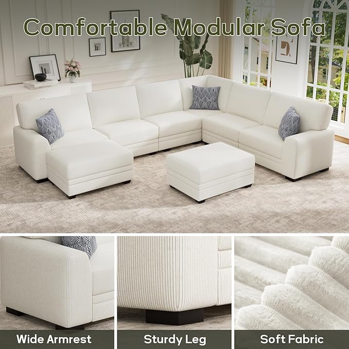 Wanderwell Oversized Modular Sectional Sofa, 8-Seater U Shaped Couches with Movable Ottoman,Corduroy Sectional Couch with Wide and Deep Seats Suitable for Living Room,Bedroom,Apartment (Cream, U-8)