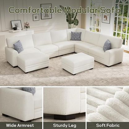Wanderwell Oversized Modular Sectional Sofa, 8-Seater U Shaped Couches with Movable Ottoman,Corduroy Sectional Couch with Wide and Deep Seats Suitable for Living Room,Bedroom,Apartment (Cream, U-8)