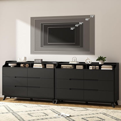 Dresser for Bedroom with 6 Drawers, 55" Large Dresser & Chest of Drawers with Charging Station, Wood Closet Clothes Storage Long Dressers Organizer for Bedroom Living Room Hallway, Black