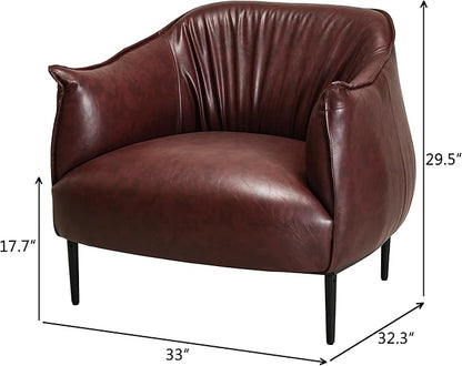 KINWELL 33" W Faux Leather Barrel Chairs Set of 2 with Hand-Tufted Pleated Back Flared Arms, Modern PU Upholstered Accent Chairs with Metal Legs, Large Armchairs Lounge Chairs for Living Room, Red