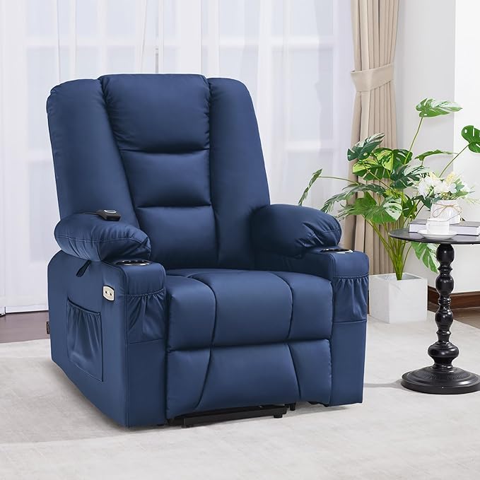 MCombo Power Lift Recliner Chair for Elderly, Lift Chair with Heat and Massage, USB Ports, Cup Holders, Faux Leather 7519 (Medium, Navy Blue)