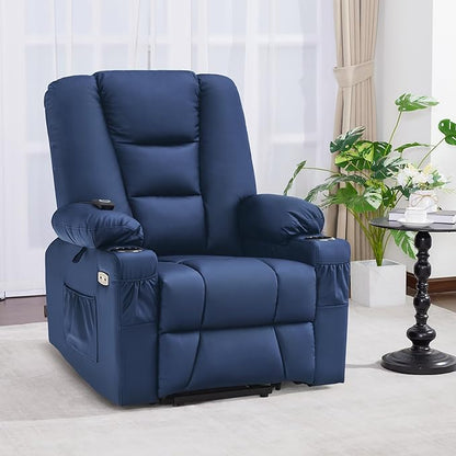 MCombo Power Lift Recliner Chair for Elderly, Lift Chair with Heat and Massage, USB Ports, Cup Holders, Faux Leather 7519 (Medium, Navy Blue)