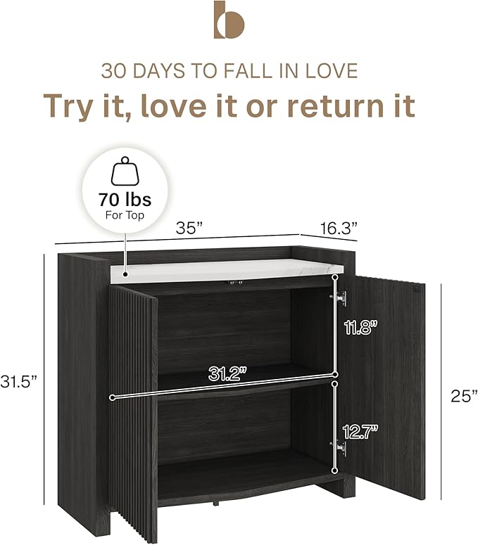 BELLEZE Modular Sideboard Buffet Cabinet with Storage, 35 Inch Modern Credenza with Doors and Adjustable Shelves, Fluted Black Console Table with Faux Marble Panel for Kitchen, Entryway, Dining Room
