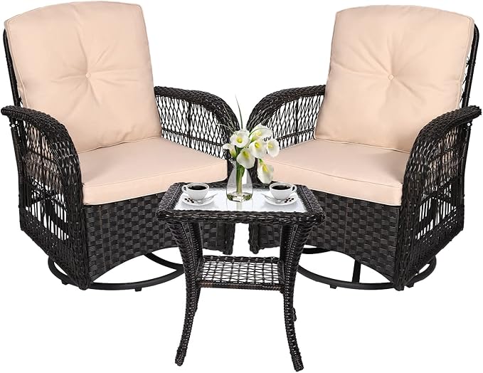 VIVIJASON 3-Piece Outdoor Conversation Bistro Set, Patio Swivel Glider Rocking Chairs Rattan Furniture Sets w/ 2 Rattan Chairs, Cushions, Glass Top Side Table for Porch Backyard, Dark Brown