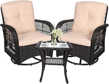 VIVIJASON 3-Piece Outdoor Conversation Bistro Set, Patio Swivel Glider Rocking Chairs Rattan Furniture Sets w/ 2 Rattan Chairs, Cushions, Glass Top Side Table for Porch Backyard, Dark Brown