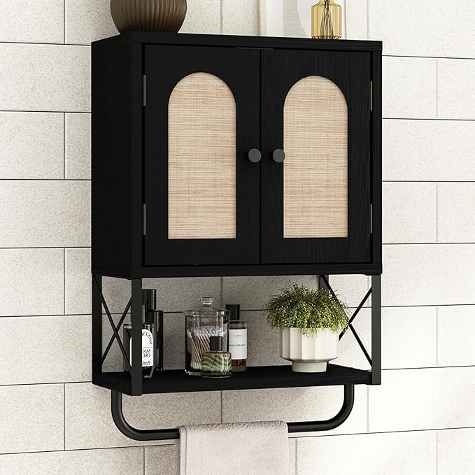 RUSTOWN Rattan Bathroom Wall Cabinet, Boho Over The Toilet Storage Cabinet with Arched Rattan Doors, Modern Medicine Cabinet with Adjustable Shelves & Towel Bar (Black, Small)