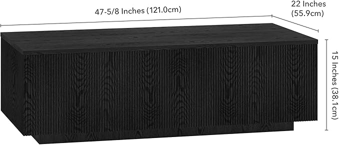 Henn&Hart 48" Fluted Rectangular Low-Profile Coffee Table for Living Room, Family Room, or Office, Black Grain