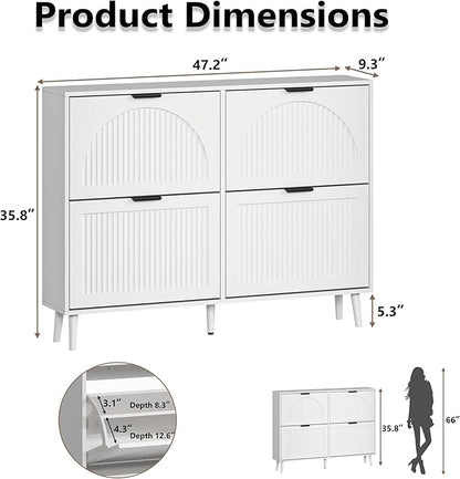 Shoe Cabinet for Entryway with 4 Flip Drawers, Slim Wooden Shoe Storage Organizer with Modern Fluted Pannel，Freestanding Narrow Hidden Shoe Rack for Hallway, Foyer, Living Room