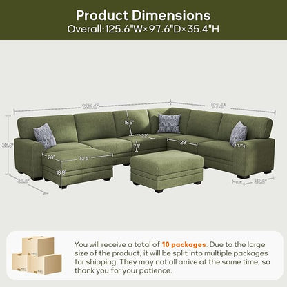 Wanderwell Oversized Modular Sectional Sofa, 8-Seater U Shaped Couches with Movable Ottoman,Corduroy Sectional Couch with Wide and Deep Seats Suitable for Living Room,Bedroom,Apartment (Olive, U-8)