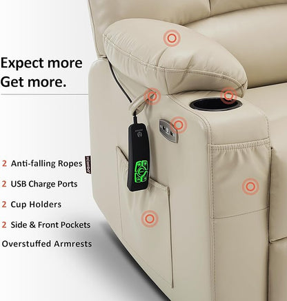 MCombo Oversized Dual Motor Power Lift Recliner Chair Sofa with Massage and Heat for Big Elderly People, Infinite Position, USB Ports, Faux Leather R7688 (Beige, Large-Oversize)