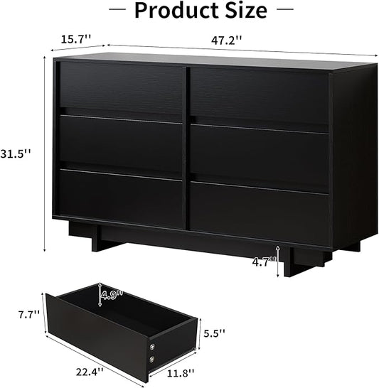 Black Dresser for Bedroom, 47" Wide 6 Drawer Dresser, Mid Century Modern Dressers Chest of Drawers, Wooden Large Dressers for Bedroom, Closet