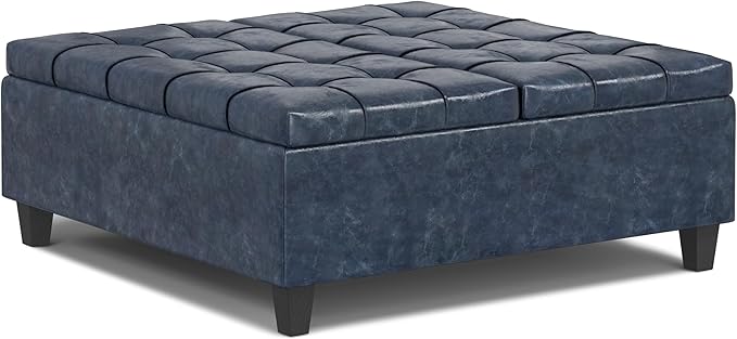 SIMPLIHOME Harrison 40 inch Wide Transitional Square Large Coffee Table Storage Ottoman in Denim Blue Vegan Faux Leather, Assembled, for The Living Room and Bedroom