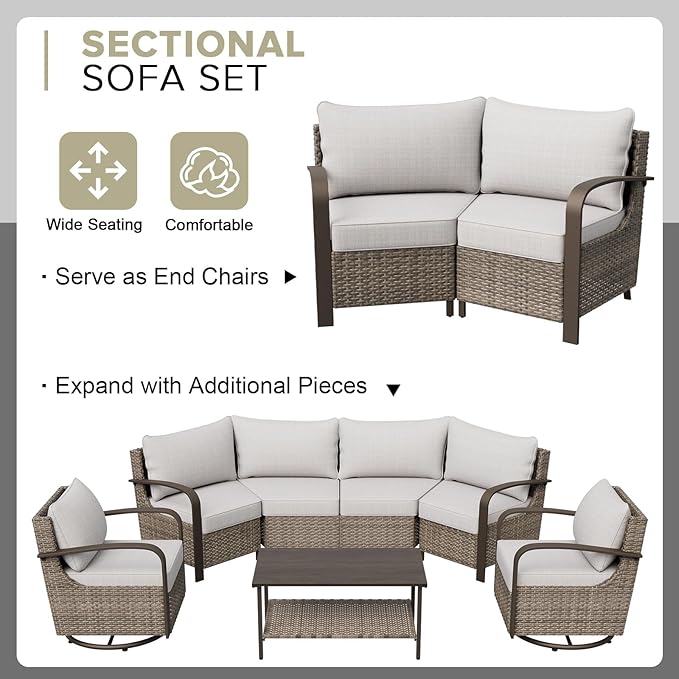 COOS BAY Aurora Terrace Half-Moon Outdoor Furniture Set, Rattan Conversation Set with Curved 4-Seat Sofa, Coffee Table, Seats 4, Beige/Beige