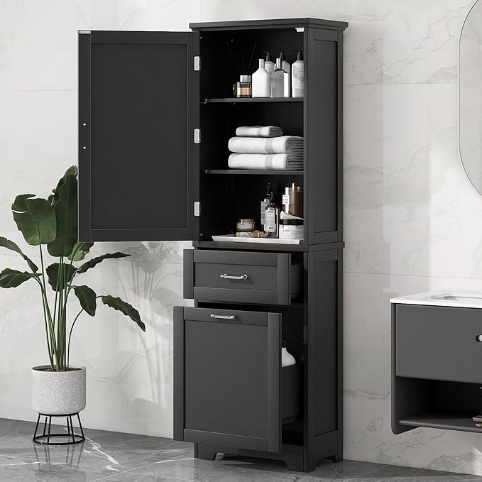 Tall Bathroom Storage Cabinet, Freestanding Storage Cabinet with 1 Door, 2 Different Size Drawers for Bathroom Living Room (Black)