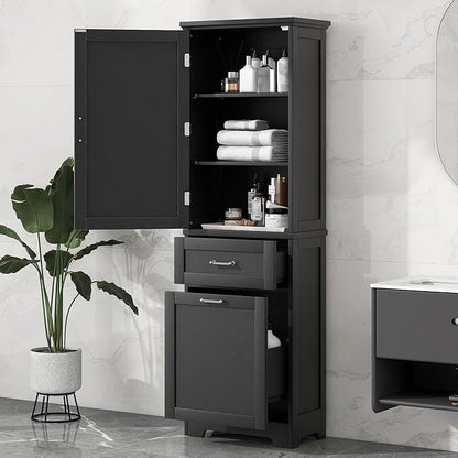 Tall Bathroom Storage Cabinet, Freestanding Storage Cabinet with 1 Door, 2 Different Size Drawers for Bathroom Living Room (Black)