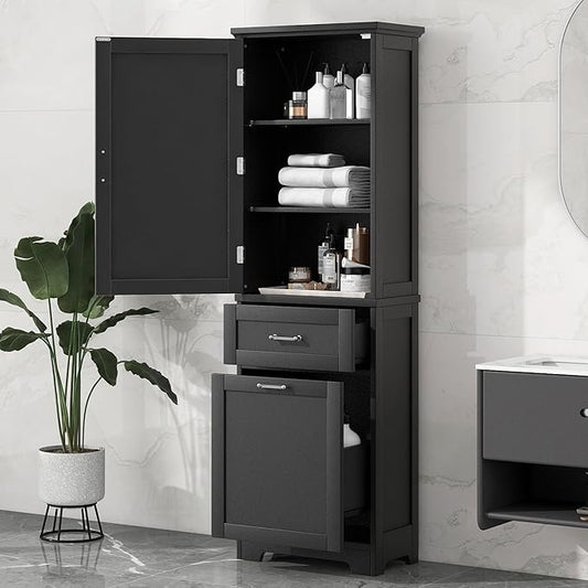 Tall Bathroom Storage Cabinet, Freestanding Storage Cabinet with 1 Door, 2 Different Size Drawers for Bathroom Living Room (Black)