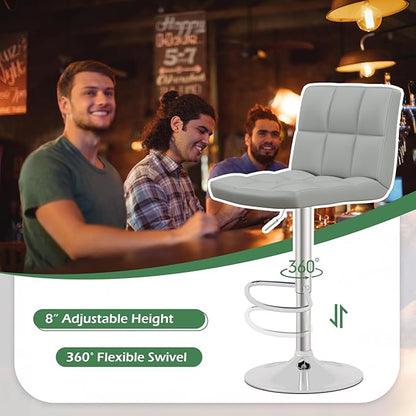 COSTWAY Bar Stool, Modern Swivel Adjustable Height PU Leather Barstools with Back, Square Armless Counter Height Bar Chair for Kitchen Island Dining Living Bistro Pub Counter, Grey
