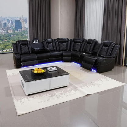 Power Reclining Sectional Sofa, Black Leather Couch with Recliners, Air Leather Sofa Couch with LED Lights/USB Port/Cup Holder for Living Room/Apartment/Office