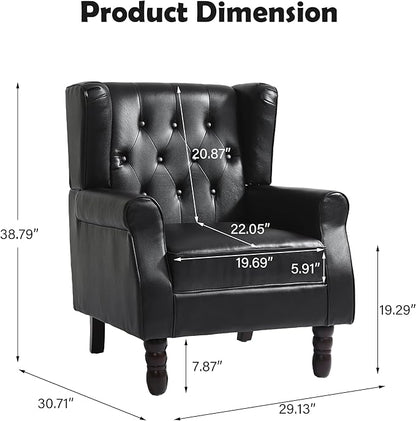 Mid-Century Modern 2-Piece Wingback Chair Set - Luxe Faux Leather Accent Chairs with Wooden Legs, Easy-Clean Lounge Seating for Living Room, Home Theater & Dining Room - PU Leather Matched Pair Black
