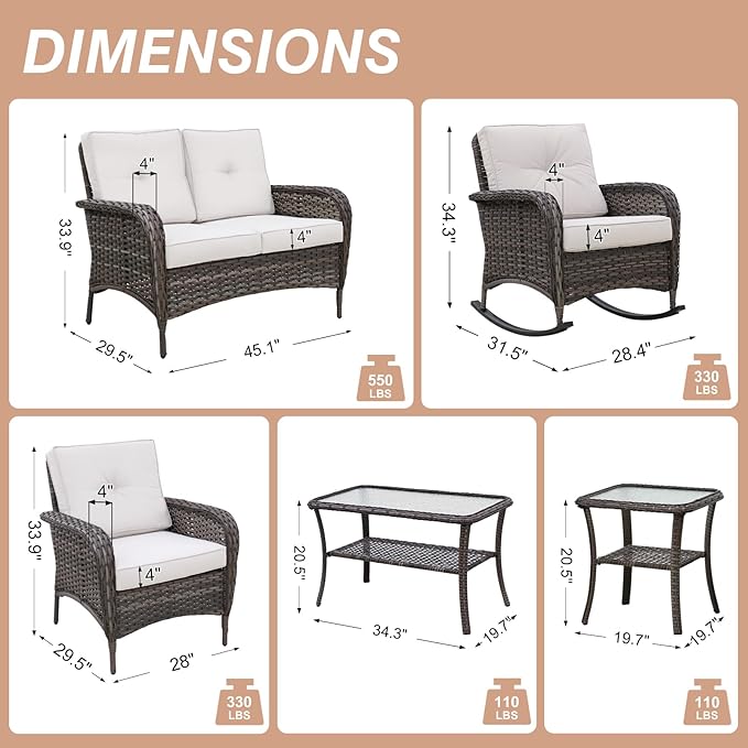 COOS BAY Vintage Courtyard Patio Furniture Set, Wicker Outdoor Furniture, Patio Conversation Sets, 2 Chairs, 2 Rocking Chairs, Loveseat, Coffee Table and Side Table, 7 Pieces, Gray/Beige