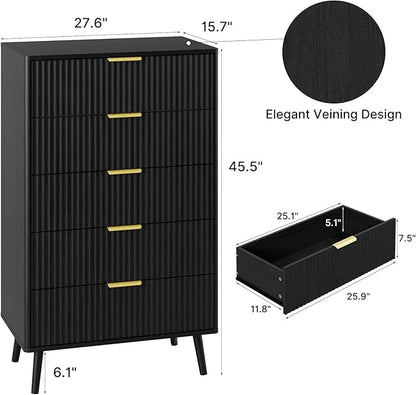 LYNSOM Fluted Dresser and Nightstand Sets 2 Piece, 2-Drawer Nightstands and 5-Drawers Dresser, Wood Bedroom Furniture Set for Home, Bedroom, Hallway, Black