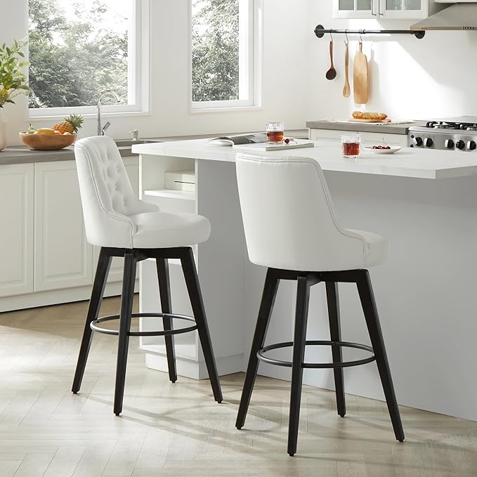 Watson & Whitely Bar Stools, 360° Swivel Upholstered Bar Stool with Back, 30" H Bar Height Barstools, Set of 2, Faux Leather in White