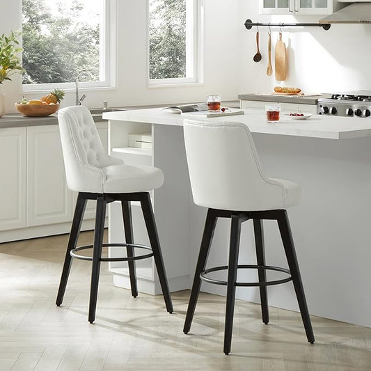 Watson & Whitely Bar Stools, 360° Swivel Upholstered Bar Stool with Back, 30" H Bar Height Barstools, Set of 2, Faux Leather in White