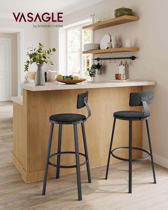 VASAGLE Bar Stools Set of 4, Bar Height Stools, 28.9 Inches Counter Barstools Chairs with Back for Dining Kitchen Island, Steel Frame, Industrial Style, Easy Assembly, Ebony Black