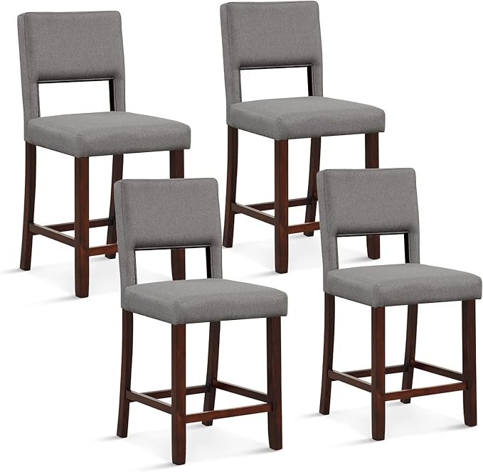 COSTWAY Bar Stools Set of 4, Linen 24.5 Inch Counter Height Chairs with Hollowed Backs, Rubber Wood Legs, Upholstered Barstools for Kitchen Island Home Bar Pub Dining Room, Beige