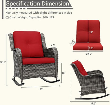 Outdoor Rocking Chair of 2, Wicker Patio Rocker Chair for Yard, Porch, Mixed Brown Grey Rattan, Red Cushions