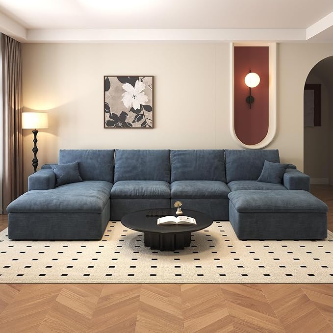 136.6'' U-Shaped Modern Modular Sectional Cloud Couch Whit Ottoman, 4-Seat Chenille Deep-Seat Sofa with Pillow for Living Room, Bedroom, Apartment, Ocean Blue