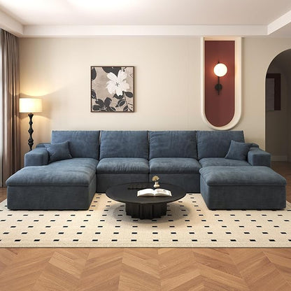136.6'' U-Shaped Modern Modular Sectional Cloud Couch Whit Ottoman, 4-Seat Chenille Deep-Seat Sofa with Pillow for Living Room, Bedroom, Apartment, Ocean Blue