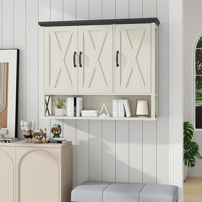Bathroom Wall Cabinet, Farmhouse Medicine Cabinet with Adjustable Wood Shelf & 3 Doors, Over The Toilet Storage Cabinet for Wall Mounted for Bathroom Laundry Room Kitchen, White and Black