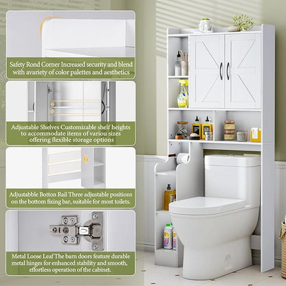 Over The Toilet Storage Cabinet with Barn Doors, Rustic Bathroom Organizer, Space-Saving Shelf for Laundry, White