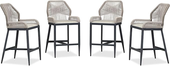 PURPLE LEAF 4 Pieces Counter Height Bar Stools Patio Boho Rattan Barstools Aluminum Woven Bar Chairs with Cushions for Outdoor Kitchen Island Garden