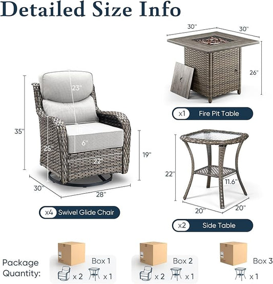 Belord Luxury 6" Thick Cushioned Outdoor Swivel Rocker Chairs Set of 4 with Fire Pit Table, High Back Wicker Patio Furniture Set with Ergonomic Zone Back, Conversation Set for Deck Porch - Grey+Beige