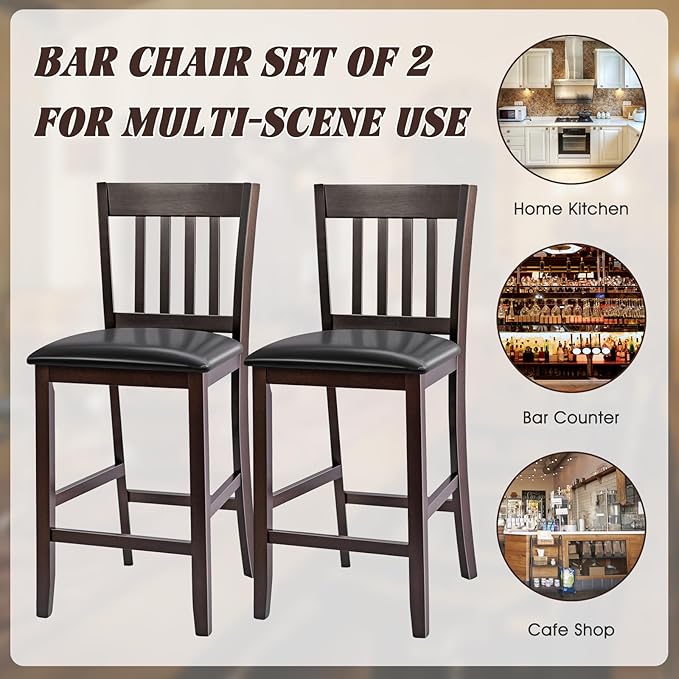 COSTWAY Counter Height Bar Stools Set of 2, 25'' Wooden Pub Chairs with PU Leather Seat, Mid Century Modern Upholstered Island Chairs for Kitchen, Living Room, Dining Room, Bar
