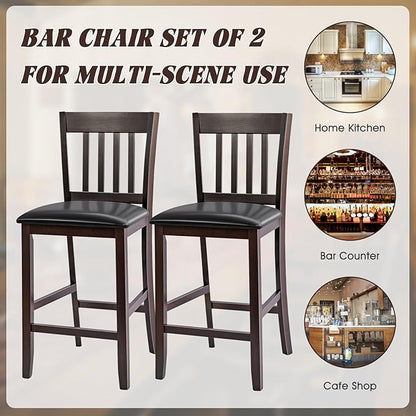 COSTWAY Counter Height Bar Stools Set of 4, 25'' Wooden Pub Chairs with PU Leather Seat, Mid Century Modern Upholstered Island Chairs for Kitchen, Living Room, Dining Room, Bar