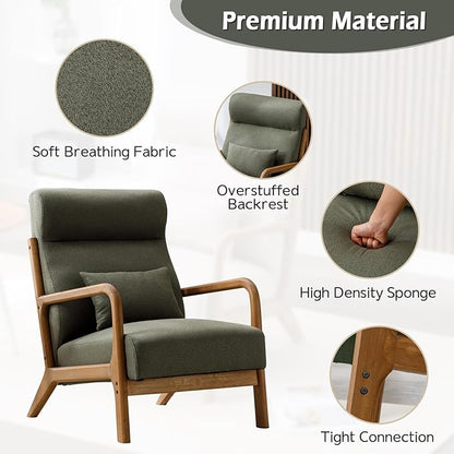 INZOY Mid Century Modern Accent Chair Set of 2, High Back Reading Armchair with Wood Frame, Upholstered Living Room Chairs with Waist Cushion, Single Lounge Arm Chair for Bedroom Sunroom, Green
