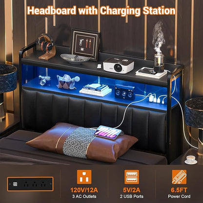 Aheaplus Headboard for Twin Size Bed Frame, Upholstered Headboards with Outlets, USB Ports and LED Light, Leather Head Board with Storage, Height Adjustable, Comfortable Headboard, Twin Size, Black