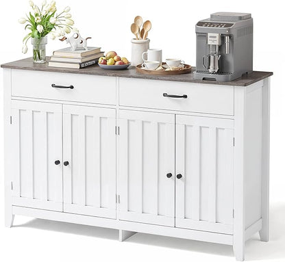 Gizoon 55" Buffet Cabinet, Sideboard Buffet Cabinet with Storage, Modern Coffee Bar with 2 Drawers and 4 Doors, Kitchen Pantry Storage, Wood Kitchen Sideboard Table, Adjustable Shelf, White/Grey