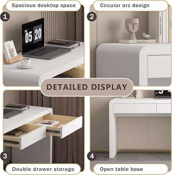 Executive Desk with Drawers, White Computer Desk with Drawers with Three-Layer Lacquered Thick Wooden Board, 47 inch Modern Home Office Desk for Study, Living Room, Bedroom