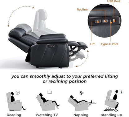 CANMOV 50" Wide Oversized Recliner, Faux Leather Power Lift Recliner Chair, Extra Large Lift Chair with Massage and Heat, Stand Up Recliner for Elderly Big and Tall,Black