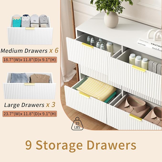 9 Drawer Dresser for Bedroom with Deep Drawers, 63" Wide Wood Dresser, Large Floor Chest of Drawers, Modern Long TV Stand, Storage Cabinet Side Table, White