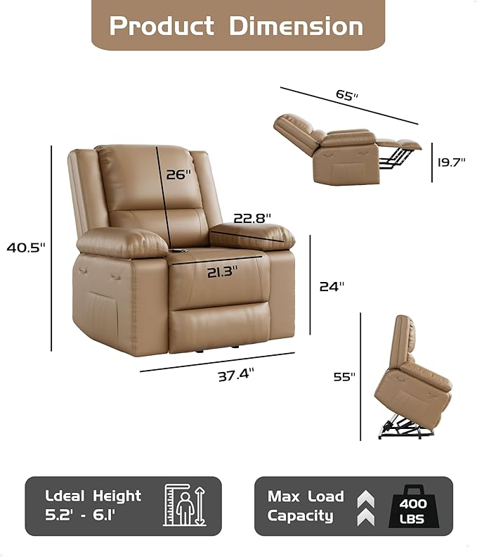 GarveeHome Power Lift Recliner Chair - Heat and Massage, Faux PU Electric Lift Recliner for Elderly & Mobility Impaired, Adjustable Back and Legs, Heavy Duty Lift Chair for Seniors