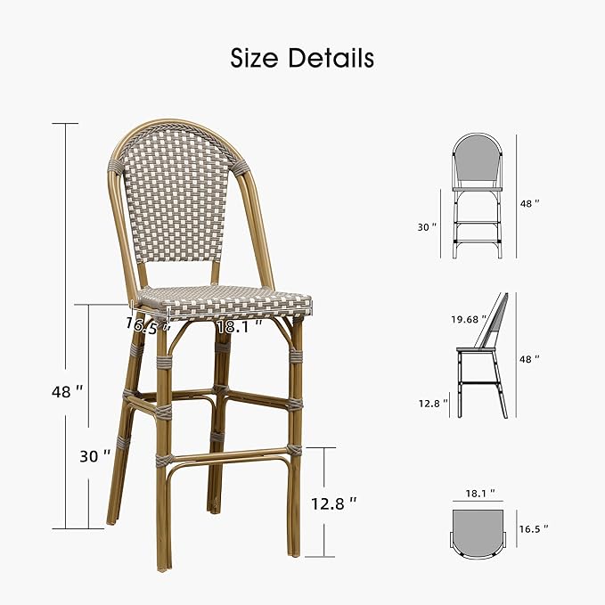 PURPLE LEAF French Bar Stool Set of 2 Bamboo Print Finish Patio Bar Stools with Back Rattan Chairs Wicker Bar Height Stool 30" with Footrest Kitchen Island Stools Outdoor Barstool Grey